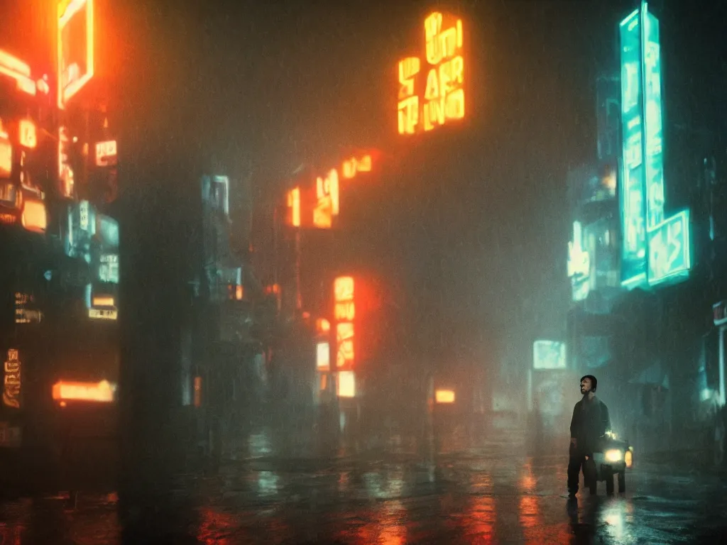 Prompt: Aaron Swartz in film still from Blade Runner 2049, beautiful lighting, raining, neon lights, cinematic depth, ultra-sharp details, imax post production, criterion collection, 8k