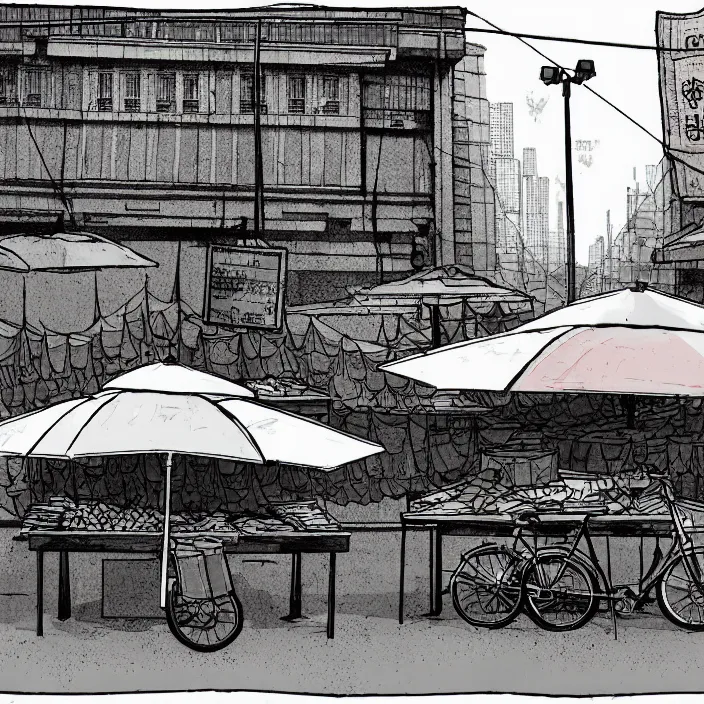 Image similar to close view of a tiny market stall. folded umbrellas for sale on the stall. set in a square. background of an old soviet monument. storyboard, scifi cyberpunk. by gabriel hardman, joe alves, chris bonura. cinematic atmosphere, detailed and intricate, perfect anatomy