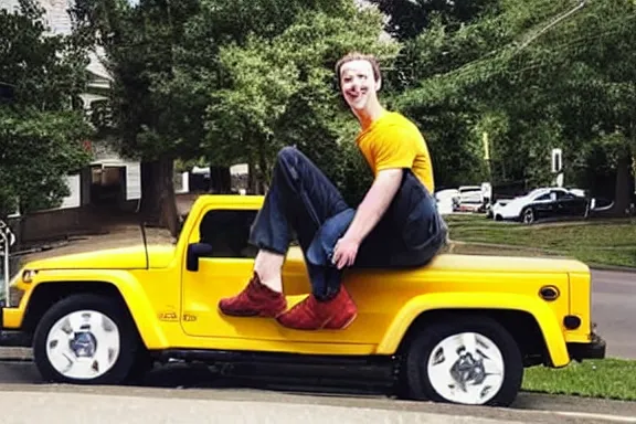 Image similar to a photo taken from a distance of mark zuckerberg laying on the hood of a yellow jeep in the street of a suburban neighborhood