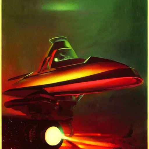 Prompt: a dark and colorful close - up of a sci - fi spaceship with led lights glowing fog in the background. highly detailed science fiction painting by norman rockwell, frank frazetta, and syd mead. rich colors, high contrast, gloomy atmosphere, dark background. trending on artstation