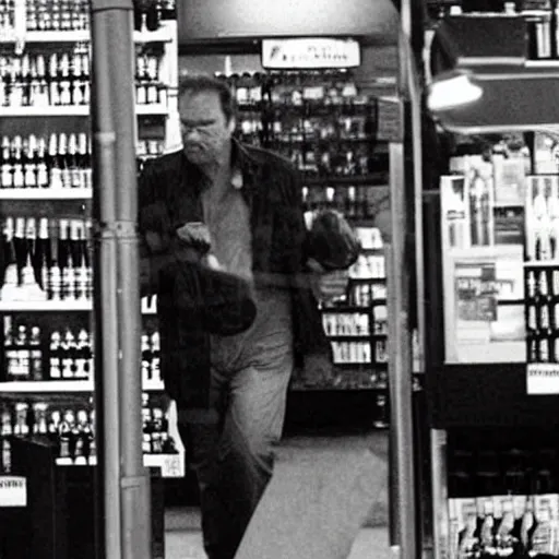 Image similar to jack nicholson walking in liquor store with baseball bat, security camera footage, cctv, high angle view,