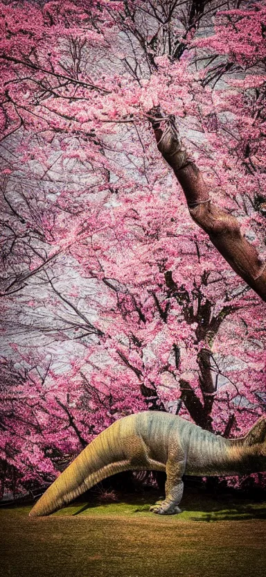 Image similar to “ a portrait photo of tyrannosaurus at a sakura tree, side shot, by professional photographer, 8 k resolution, high quality ”