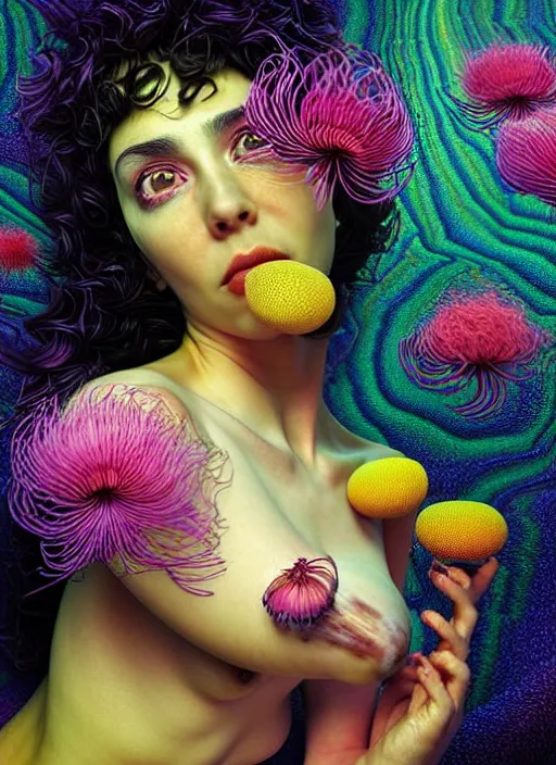 Image similar to hyper detailed 3d render like a Oil painting - Ramona Flowers with wavy black hair wearing thick mascara seen Eating of the Strangling network of colorful yellowcake and aerochrome and milky Fruit and Her staring intensely delicate Hands hold of gossamer polyp blossoms bring iridescent fungal flowers whose spores black the foolish stars by Jacek Yerka, Mariusz Lewandowski, Houdini algorithmic generative render, Abstract brush strokes, Masterpiece, Edward Hopper and James Gilleard, Zdzislaw Beksinski, Mark Ryden, Wolfgang Lettl, Dan Hiller, hints of Yayoi Kasuma, octane render, 8k