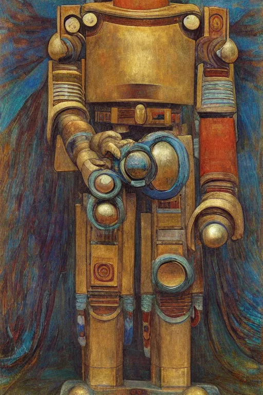 Image similar to the robot in his regalia, by Annie Swynnerton and Diego Rivera and Elihu Vedder, symbolist, dramatic lighting, elaborate geometric ornament, Art Brut, soft cool colors,smooth, sharp focus, extremely detailed, Adolf Wölfli