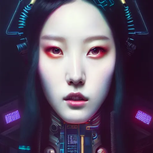 Prompt: portrait painting of sunmi as a cyberpunk technician, ultra realistic, concept art, intricate details, eerie, highly detailed, photorealistic, octane render, 8 k, unreal engine. art by artgerm and greg rutkowski and magali villeneuve and alphonse mucha