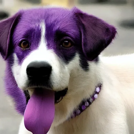 Prompt: a photograph of a purple dog with white spots