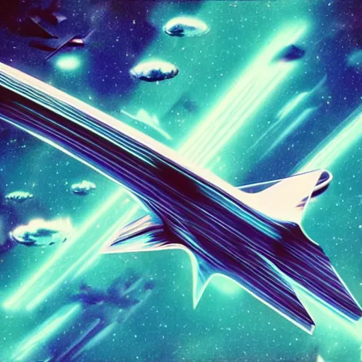 Image similar to starship flying through space, vaporwave style, 1 9 9 2 4 k masterpiece