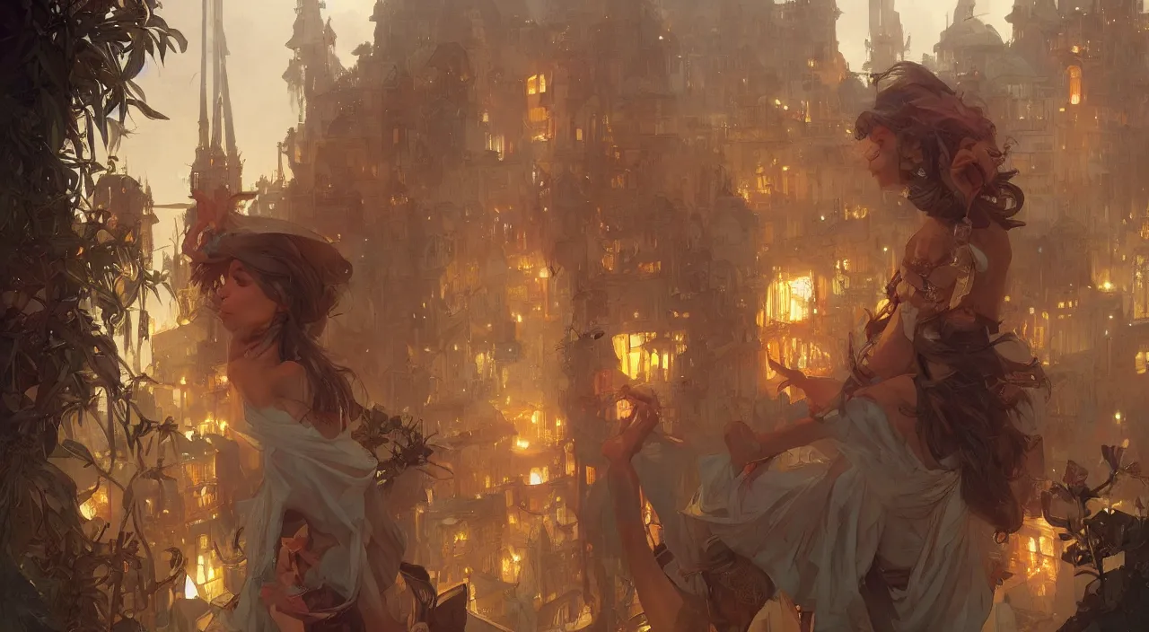 Image similar to bazaar zouk place sky shine digital painting, artstation, concept art, sharp focus, illustration, cinematic lighting, art by artgerm and greg rutkowski and alphonse mucha