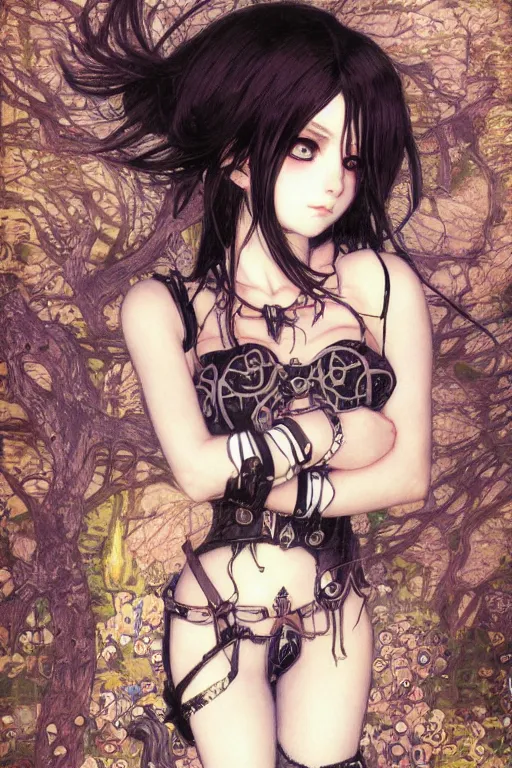 Prompt: portrait of beautiful young gothic anime maiden, cute. cyberpunk, Warhammer, highly detailed, artstation, illustration, art by Gustav Klimt