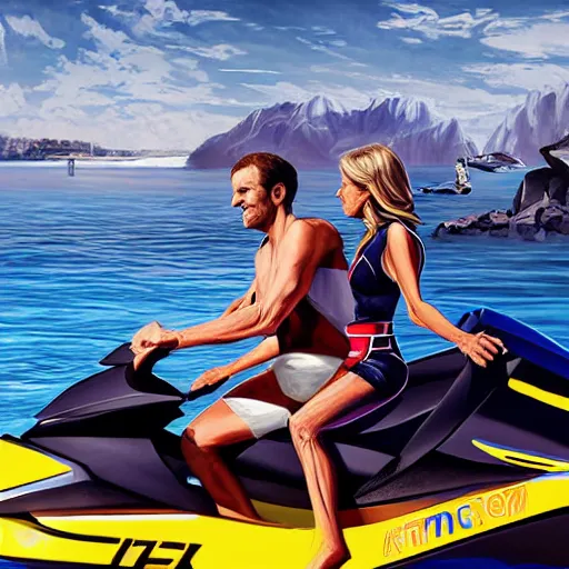 Image similar to photography, emmanuel macron driving a jetski, next to brigitte macron swimming, ultra realistic, concept art, intricate details, highly detailed, photorealistic