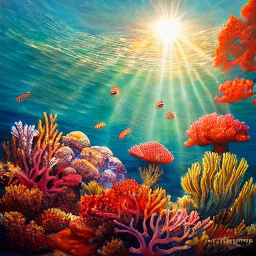 Image similar to underwater coral reef landscape magical realism painting with sun rays coming from above