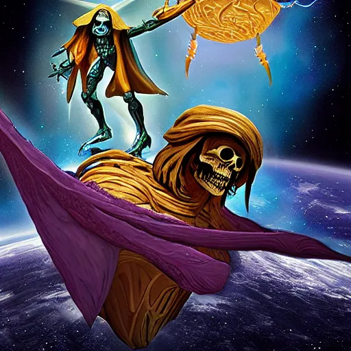 Image similar to skeletor and the dark crystal in space, 3 d, concept art