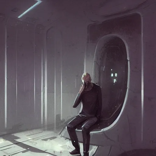 Image similar to concept art by greg rutkowski, a very tall, and slender man with messy blond hair and beard, wearing a black sweater, sitting in the spaceship command bridge, brutalist futuristic interior, dark lighting atmosphere, detailed portraits, nostalgic atmosphere, scifi, digital painting, artstation, concept art, smooth, sharp foccus ilustration, artstation hq