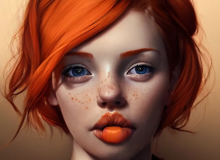 Image similar to portrait Girl with orange hair and freckles, cute-fine-face, pretty face, realistic shaded Perfect face, fine details. realistic shaded lighting by Daniela Uhlig