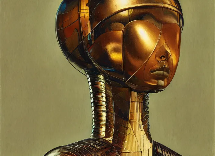 Image similar to a portrait headshot of sci fi metallic human, bright eyes, melancholic complex geometric figure liminal machinery by oskar schlemmer, moebius, john berkey, film grain, oil on canvas, portrait facial head, featured on artstation, hd wallpaper, 8 k