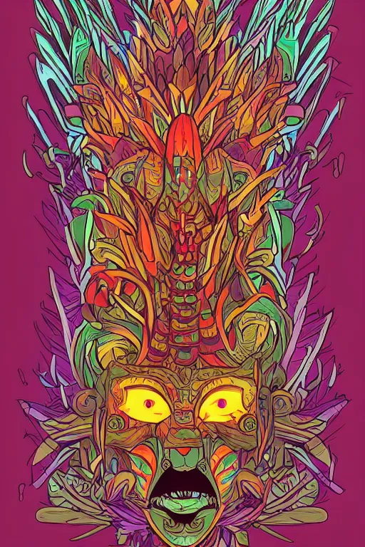 Image similar to animal mask totem roots flower tribal feather gemstone plant wood rock shaman vodoo video game vector cutout illustration vivid multicolor borderlands comics by josan gonzales and dan mumford radiating a glowing aura