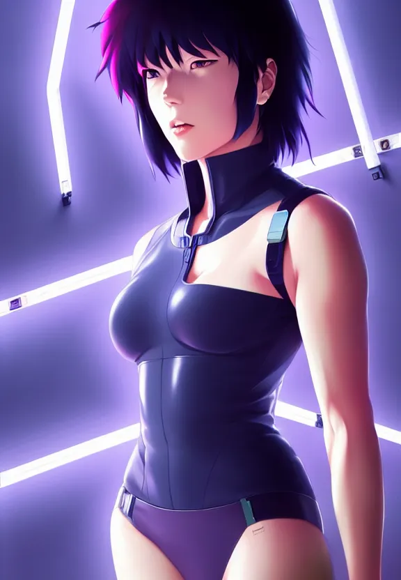 Image similar to a fullbody portrait of motoko kusanagi the major ghost in the shell : : connected to cables, under repairs, maintenance area, technicians : : by ilya kuvshinov, rossdraws, artgerm, sola digital arts, anti aliasing, raytracing : :