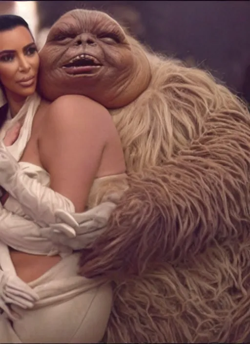 Prompt: film still of kim kardashian as princess leigha hugging jabba the hut romanticly in star wars,