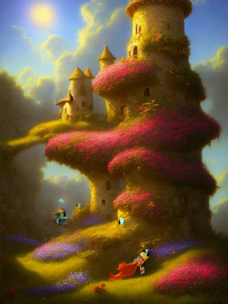 Image similar to a wizard tower in a field of flowers by Justin Gerard, morning light