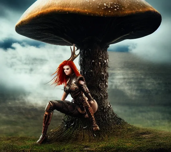 Image similar to a photo of an armored woman warrior redhead with antlers sitting on a giant mushroom that covers a whole village and reaches above the clouds by luis royo. intricate. lifelike. soft light. sony a 7 r iv 5 5 mm. cinematic post - processing