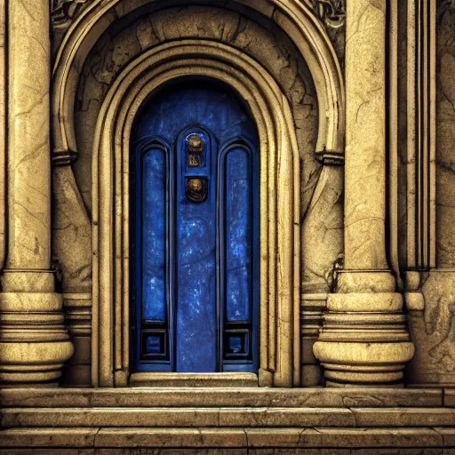 Image similar to carved futuristic door at the end of ornate steps shows a large window to a city detailing the vast architectural scientific ancient and cultural acheivements of humankind, magical atmosphere, renato muccillo, andreas rocha, johanna rupprecht, beardsley, octane render, cinematic blue and gold