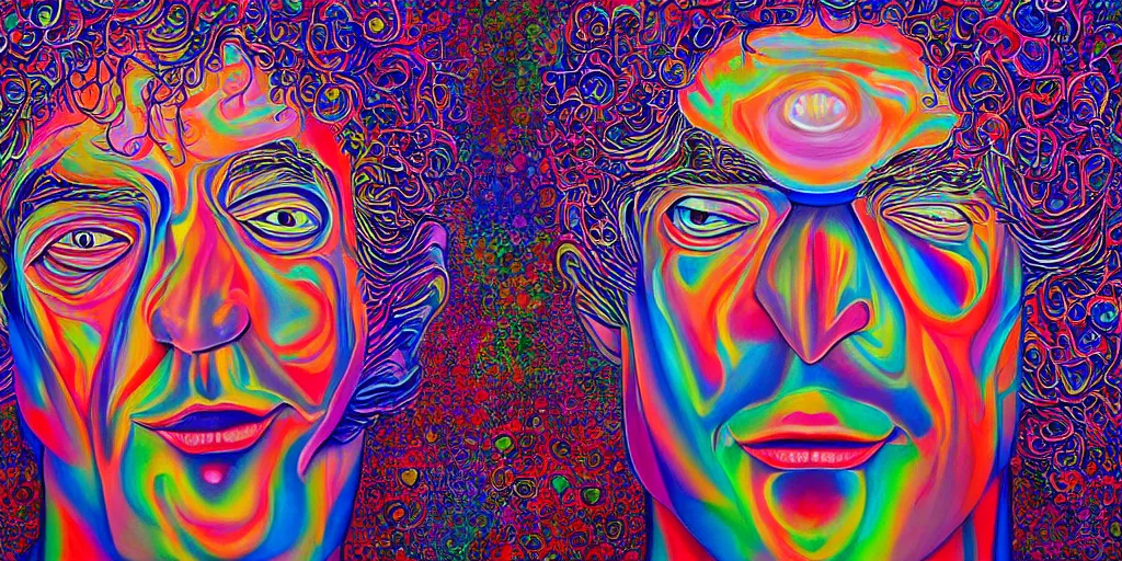 Image similar to a man being overcome by love conciseness, psychedelic dripping colors, detailed painting by painting by pablo amaringo, alex grey, david normal, tokio aoyama
