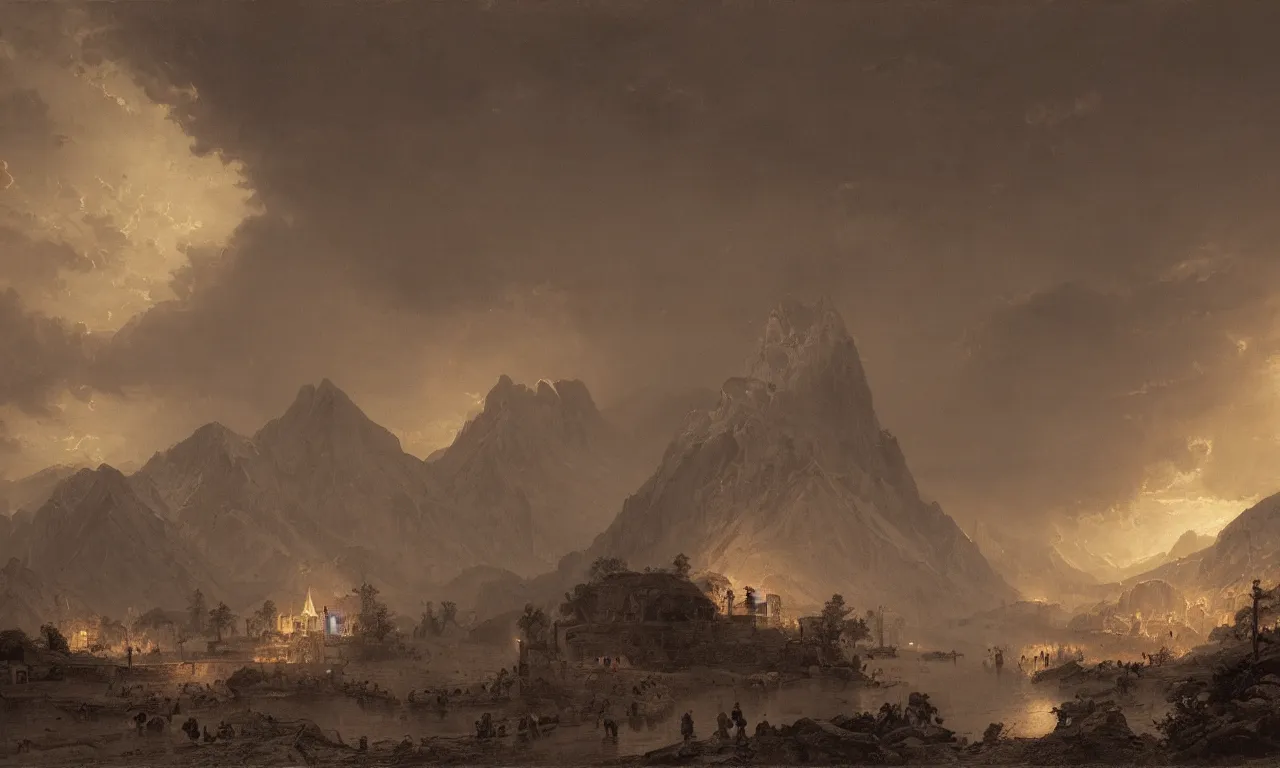 Image similar to great hall under the mountain, in the far distance a red glow. andreas achenbach, zack snyder, tokujin yoshioka