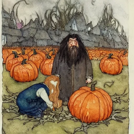 Image similar to a watercolor and ink illustration of hagrid and harry in a pumpkin patch by arthur rackham and edmund dulac