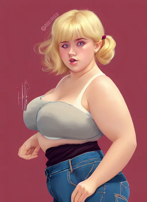 Image similar to full body teenage betty cooper, blonde hair, obese, bangs, ponytail, sultry, realistic, sultry smirk, ponytail, fluffy bangs, curly bangs, fat, belly, beautiful girl, intricate, elegant, highly detailed, digital painting, artstation, concept art, smooth, sharp focus, illustration, art by wlop, mars ravelo and greg rutkowski