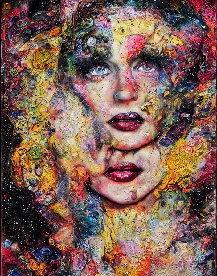 Prompt: celestial orgasm detailed and highly reliefed analogue mixed media collage with canvas texture in style of conteporary art, punk art, hyperrealistic beautiful face, photorealistic, expressionism, masterpiece, perfect composition, spectacular quality, intricate oil details