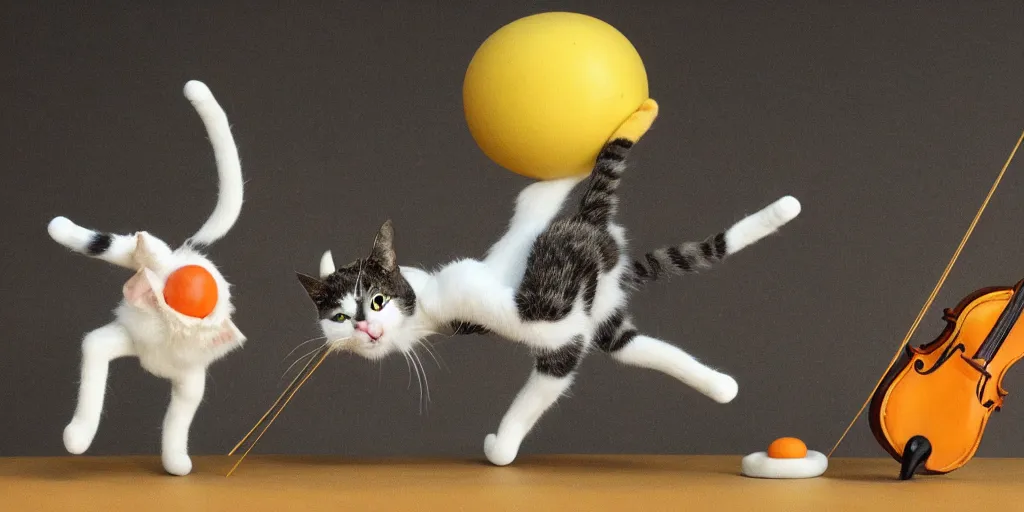 Prompt: a cat dancing on its hind legs, on top of a round ball of Swiss cheese, while playing the fiddle with its paws, in the style of claymation