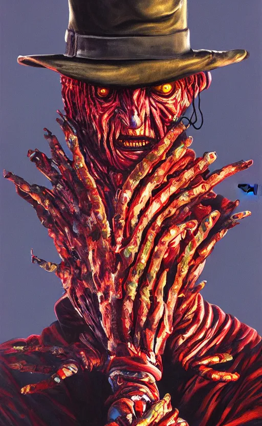 Image similar to a vigorous and limber photorealistic painting of a simple, conversational, cyberpunk, deeply and exquisite freddy krueger in london, by tim white. tibetan paintings. photorealistic. trending on artstation. photorealistic. unreal engine