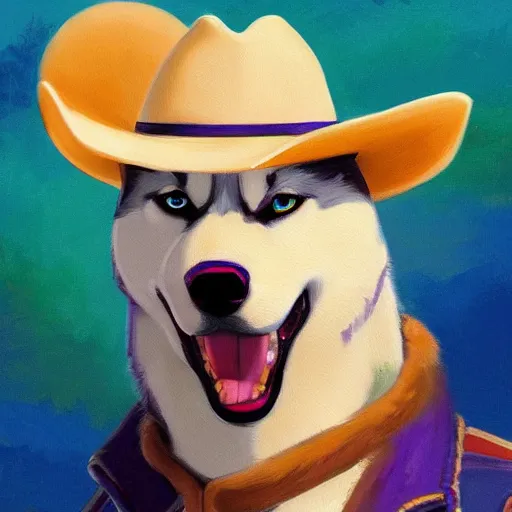 Image similar to a portrait painting of a husky in cowboy costume, wearing a cowboy hat, by studio ghibli, humanoid, personify, anthropomorphic, trending on artstation