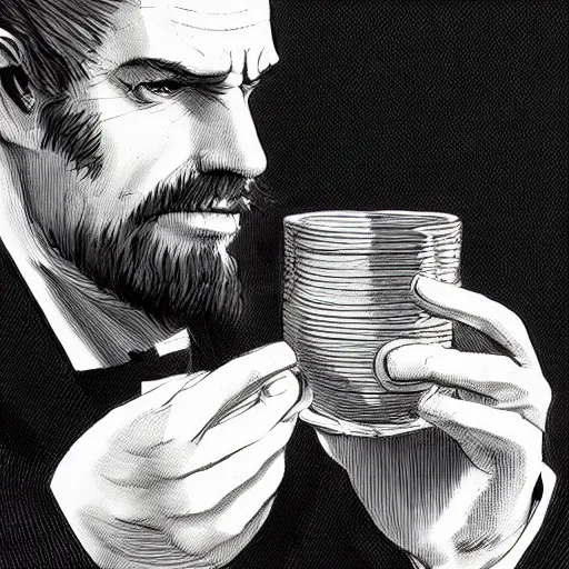 Image similar to boss senator stephen armstrong from the game metal gear solid holds a small porcelain cup with tea from which steam comes out, romanticism style, detailed facial proportions