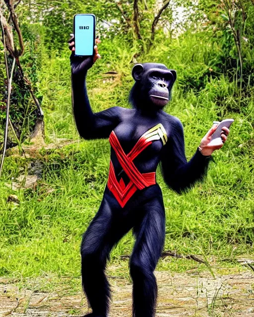 Prompt: A chimpanzee wearing a Wonder Woman outfit, holds a smart phone, photographed in the style of National Geographic, hyperreal