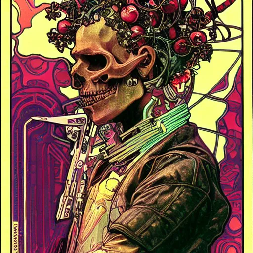 Prompt: cyberpunk skull merged with thousand cherries night sky art moebius alphonse mucha futuristic hi-tech details door in background loading screen