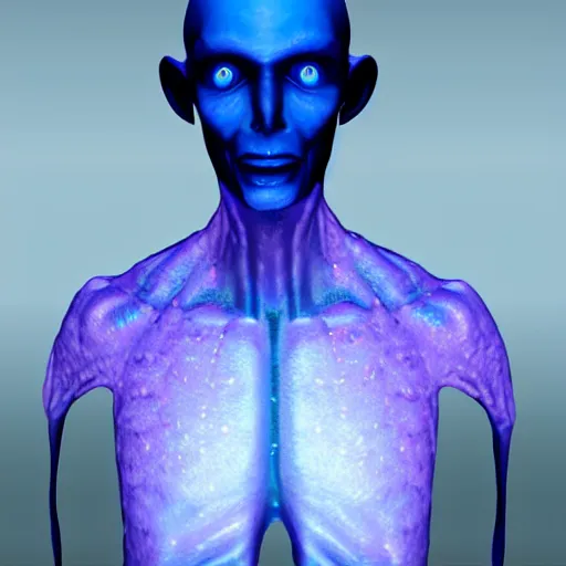 Prompt: a humanoid male alien made of translucid plastic, inside him there is luminiscent fluids, he has an elongated head shape, unreal engine 5