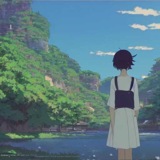 Image similar to by makoto shinkai peach, 1 9 7 0 s precise. the mixed mediart is of a small village with a river running through it. in the distance, there are mountains. the sky is clear & the sun is shining.