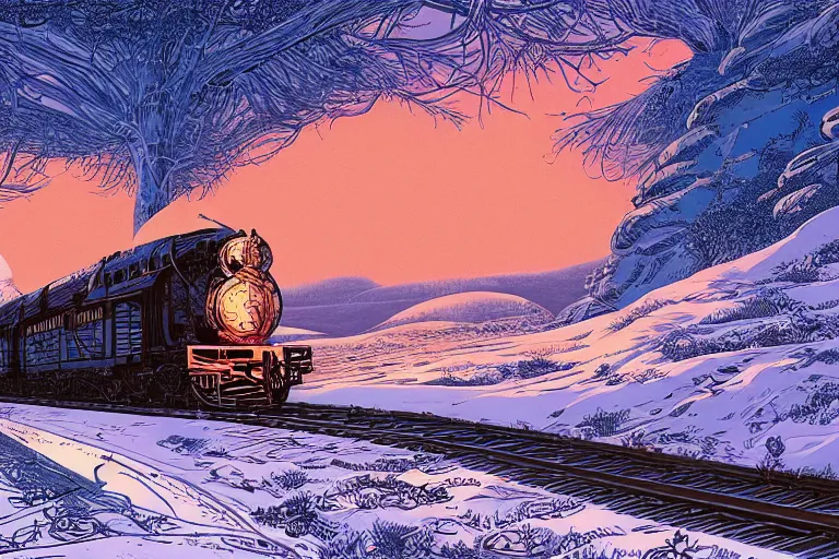 Image similar to trans - siberian express train illustration by joe fenton and syd mead and p. craig russell and barry windsor - smith, artstation, 4 k, graphic novel, concept art, matte painting, beautiful russian winter landscape sunset background, golden hour, art nouveau