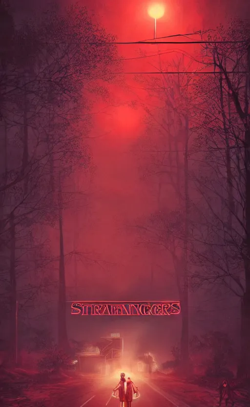 Image similar to stranger things inspired wallpaper, red ambience, at night, creepy over the street in the background, dynamic lighting, photorealistic fantasy concept art, trending on art station, stunning visuals, creative, cinematic, ultra detailed