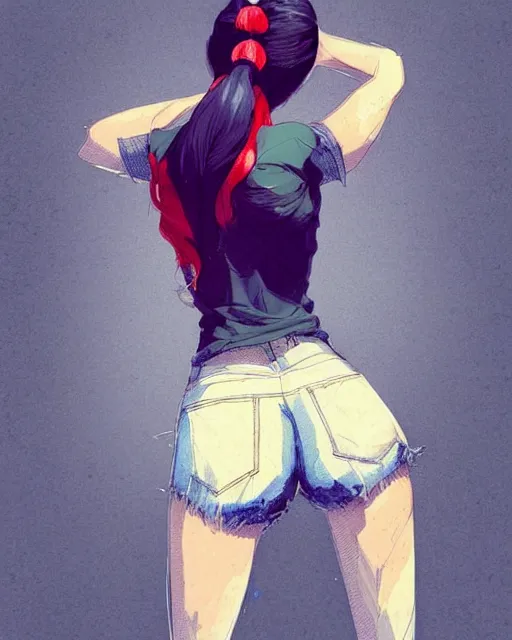 Image similar to a ultradetailed beautiful back painting of a stylish woman with white hair in a short pony tail, she is wearing jeans, by conrad roset, greg rutkowski and makoto shinkai trending on artstation