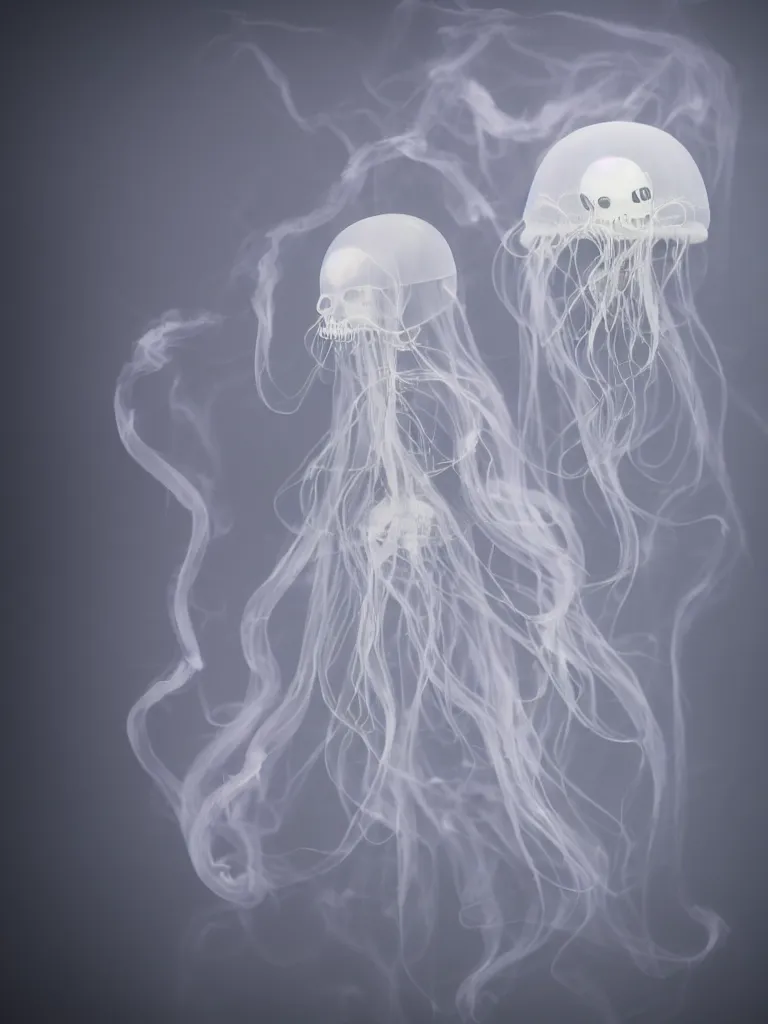 Image similar to cute fumo plush smiling ectoplasmic gothic skeletal jellyfish ghost girl, glowing milky wisps of hazy smoke and volumetric fog, lens flare, subsurface scattering, vignette, asymmetry, bokeh, refraction, vray