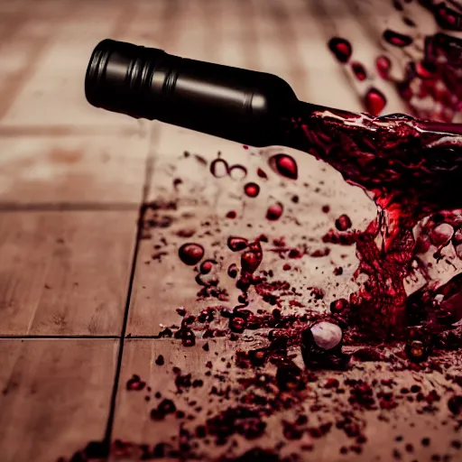 Image similar to photography of a wine bottle crashing on the floor, bottom bottle explode but bottle neck remain, clear view on the label, wine splash, cinematographic look, award photography