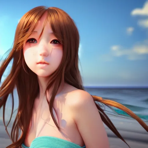 Image similar to Render of a very beautiful 3d anime girl, long hair, hazel eyes, cute freckles, full round face, short smile, cute sundress, golden hour, serene beach setting, medium shot, mid-shot, highly detailed, trending on Artstation, Unreal Engine 4k