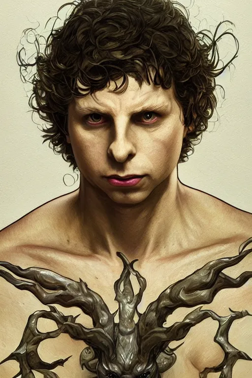 Image similar to portrait of michael cera as a hulking herculean demon, forest, godlike, full body, fantasy, intricate, elegant, highly detailed, digital painting, artstation, concept art, sharp focus, illustration, art by artgerm and greg rutkowski and alphonse mucha