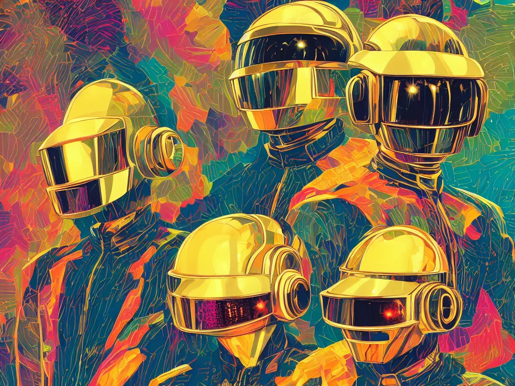 Prompt: Adorably cute portrait of Daft Punk, artstation winner by Victo Ngai, Kilian Eng and by Jake Parker, swirly vibrant color lines, winning-award masterpiece, fantastically gaudy, aesthetic octane render, 8K HD Resolution