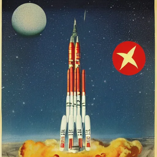 Image similar to [North Korean space mission, 1950 poster, very detailed, cinematic lighting, matte, sharp, photography]