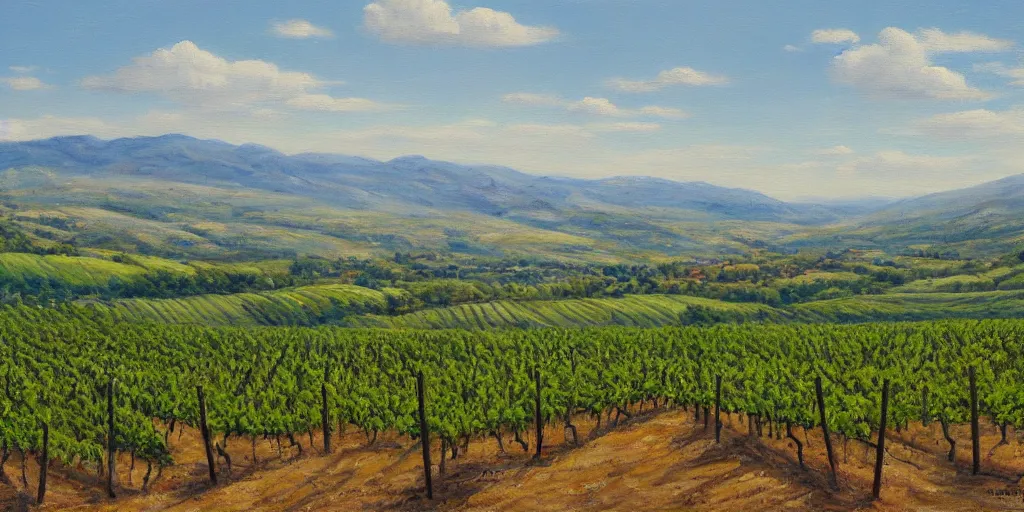 Prompt: a beautiful landscape painting of a sprawling vista with vineyards, by zohar flax, oil on canvas, highly detailed, hd, 4 k