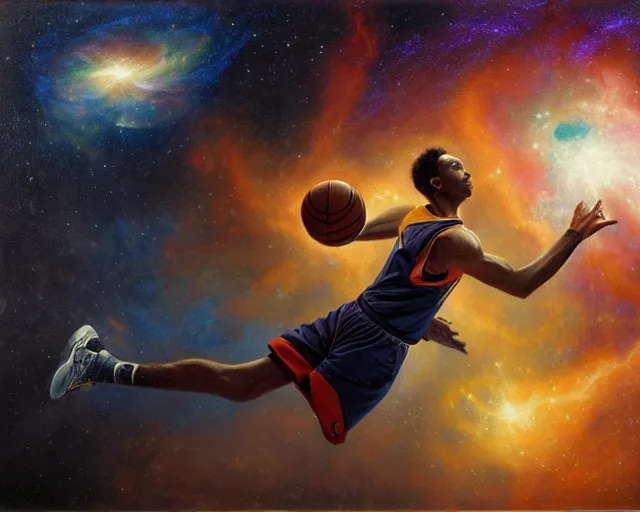 Prompt: cosmic basketball player dunking in a nebula, an oil painting, by ( leonardo da vinci ) and greg rutkowski and rafal olbinski ross tran airbrush time magazine