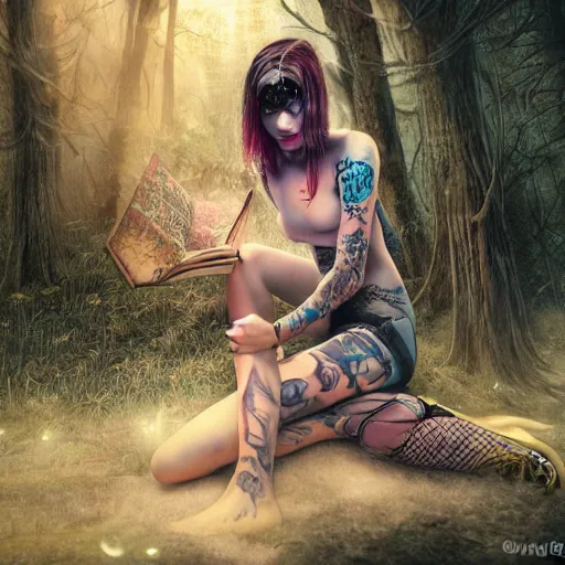 Image similar to portrait, beautiful punk rocker girl, with tattoos and piercings, sits in a mystical misty forest, reading under a tree, fireflies and fairies, fishnets, skirt, dramatic lighting, cinematic, establishing shot, extremly high detail, foto realistic, cinematic lighting, post processed, concept art, artstation, matte painting, style by eddie mendoza, raphael lacoste, alex ross